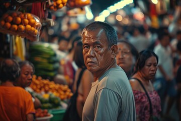 Aufkleber - a man standing in a market with a lot of people, a man standing in a market with a lot of people, Faces of diverse individuals in a crowded market