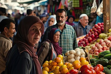 Aufkleber - a man standing in a market with a lot of people, a man standing in a market with a lot of people, Faces of diverse individuals in a crowded market