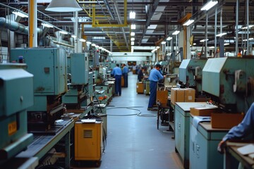 Poster - a factory with workers working on machines, a factory with workers working on machines, Factory floor with workers operating machinery