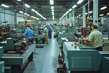Poster - a factory with workers working on machines, a factory with workers working on machines, Factory floor with workers operating machinery
