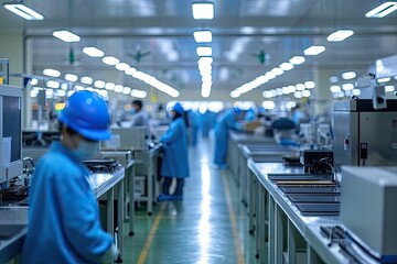 Poster - a factory with workers working on electronics, a factory with workers working on electronics, Factory floor with workers packaging electronic devices