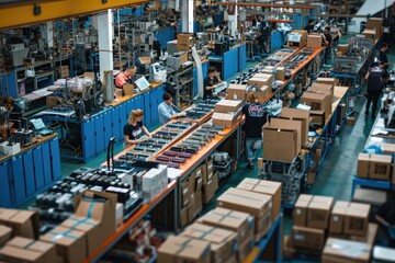 Poster - a factory with workers working on electronics, a factory with workers working on electronics, Factory floor with workers packaging electronic devices