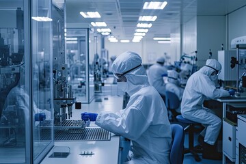 Poster - a group of people working in a lab, a group of people working in a lab, Factory technicians assembling medical equipment