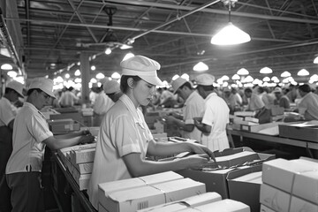 Poster - a group of men working in a factory, a group of men working in a factory, Factory workers packaging finished goods