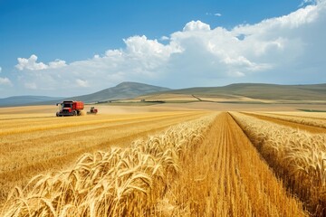 a combiner in a wheat field with a blue sky, a combiner in a wheat field with a blue sky, Farmers harvesting wheat in a vast field