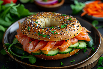 Wall Mural - bagel with cream cheese and ham