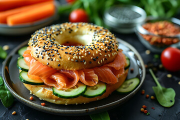 Wall Mural - bagel with cream cheese and ham