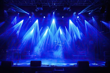 Poster - a stage with red and blue lights, a room with red and blue lights, High-energy stage with bold and vibrant lighting, amplifying the performance atmosphere
