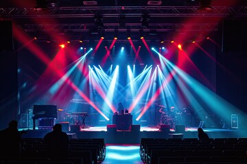 Poster - a stage with red and blue lights, a room with red and blue lights, High-energy stage with bold and vibrant lighting, amplifying the performance atmosphere