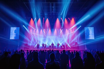Poster - a stage with red and blue lights, a room with red and blue lights, High-energy stage with bold and vibrant lighting, amplifying the performance atmosphere