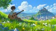 © Everything by Rachan - Boy playing guitar in idyllic medieval mountain landscape