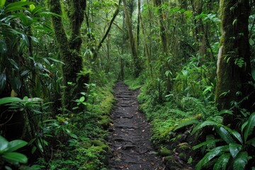 Aufkleber - Verdant forest path, serene and untouched., a trail in the jungle with many steps, Hiking trails through a dense, lush forest