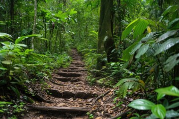 Aufkleber - Verdant forest path, serene and untouched., a trail in the jungle with many steps, Hiking trails through a dense, lush forest