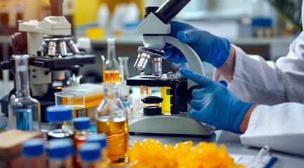 Wall Mural - a person in a lab coat and gloves is looking through a microscope at a substance in a bottle