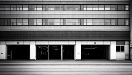 Poster - a building with two doors and a parking lot in front of it