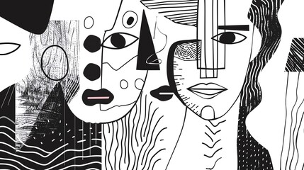Poster - Abstract black and white illustration blending faces and geometric patterns, creating a modern and artistic composition.
