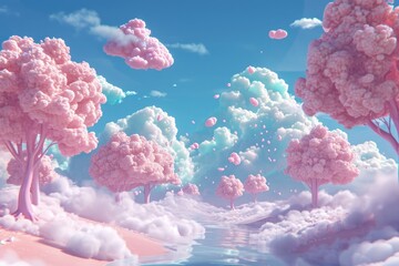 Aufkleber - Surreal pink cloud-trees, dreamlike scene, a pink sky with clouds and trees in the foreground, Marshmallow clouds floating above a candy forest