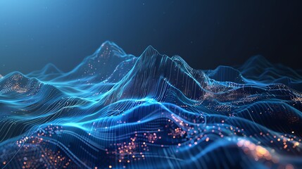Poster - Abstract digital landscape with blue lines, data points, and glowing lights. Futuristic technology background illustration of virtual terrain.