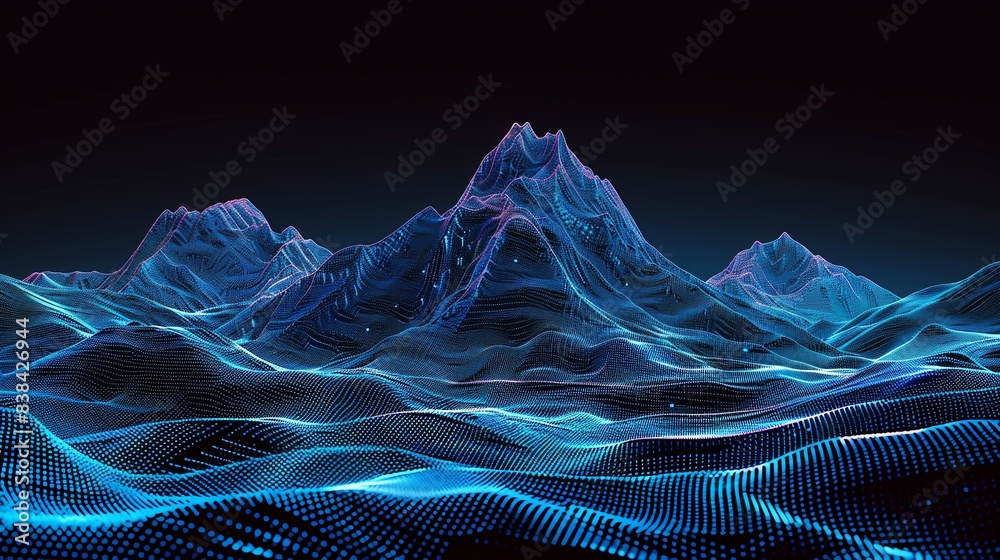 Abstract digital landscape with neon blue wireframe mountains under a ...