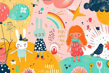 Wall Mural - Colorful, cute animal illustrations, a pattern of colorful animals and stars, Playful and charming vector background with cute objects and characters