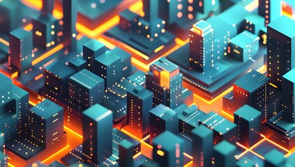 Poster - 3d isometric illustration of data blocks and cityscape, blue background with orange accents, shades of light blue and dark cyan, bright white highlights, gridlike structure 
