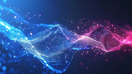 Poster - Abstract glowing wave with digital particles in blue and pink hues, representing data and technology in a futuristic style.