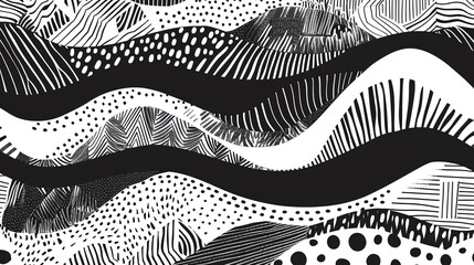 Poster - Abstract monochrome pattern with wavy lines and various textures. Black and white artistic design suitable for backgrounds and prints.