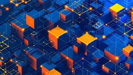 Poster - A blue background with orange and yellow cubes representing data blocks, connected to form an isometric cityscape
