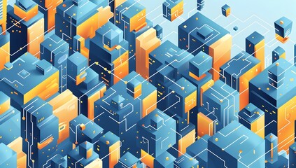 Poster - A digital illustration of an isometric cityscape made up of blue and yellow cubes, with some floating in the air
