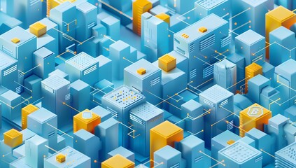 Poster - A digital illustration of an isometric cityscape made up of blue and yellow cubes, with some floating in the air
