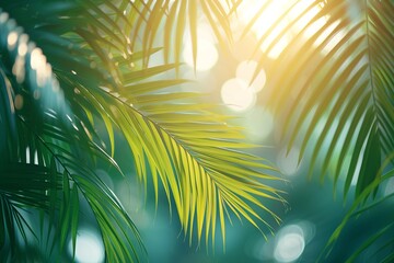 Wall Mural - Abstract green blurred background of palm leaves