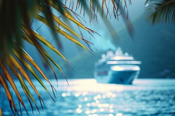 Cruise ship framed by green palm leaves