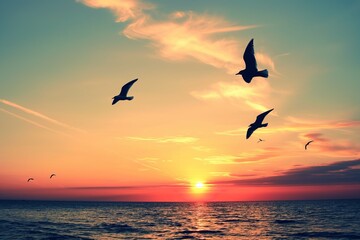 Poster - Capture the moment seagulls fly across the sunset-lit sky, their silhouettes adding a dynamic and lively element to the serene ocean backdrop. --ar 3:2 Job ID: 79180a3c-5dcf-4004-bfa7-b20500c89ff4