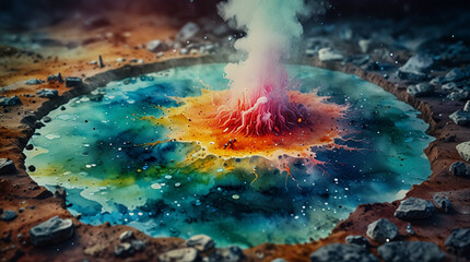 Watercolor painting: A microscopic view of extremophilic archaea thriving in a boiling hot spring, surrounded by vibrant minerals,