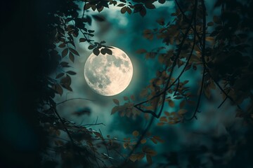 Wall Mural - the moon peeking through the branches of a dense forest