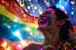 © KORJUDZ - A dynamic and joyful image of a person with a rainbow-painted face, laughing happily, while a large pride flag flutters behind them, surrounded by sparkling lights and celebratory elements