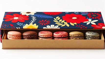 Sticker -   A wooden box of assorted macaroons sits atop a white table, alongside a blue and red flowered container