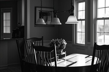 Poster - Cozy wooden dining set, hanging white lamps, a dining room table with chairs and a vase of flowers, Soft and even studio lighting for a classic and timeless look
