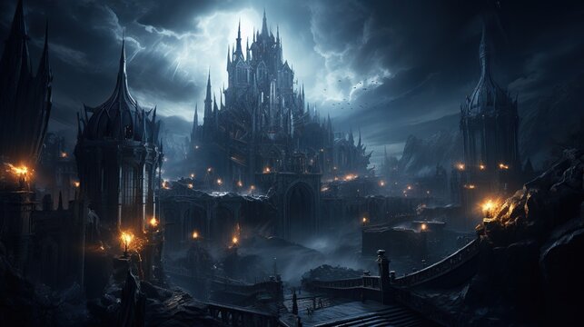 gothic cathedral with intricate details and towering spires, dramatic lighting