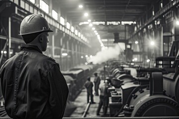 Poster - Worker observing fiery steel mill, a man in a hard hat standing in a factory, Steel mill with workers monitoring production lines
