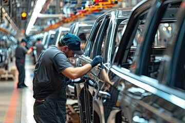Poster - Focused worker on car assembly line, a man working on a car in a factory, Workers at a bike manufacturing plant installing cutting-edge features in bicycles