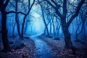 Wall Mural - A forest with foggy trees and a path.