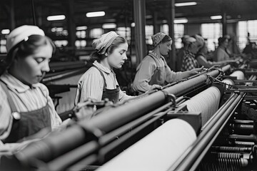 Poster - Focused female factory workers, a group of women working on a machine, Workers in a textile mill operating looms
