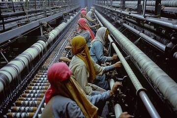 Busy textile factory workers, a group of people in a kitchen preparing food, Workers in a textile factory spinning yarn