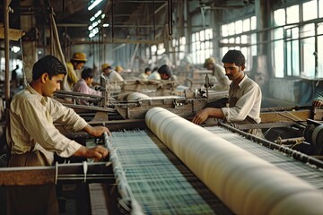 Poster - Focused female factory workers, a group of women working on a machine, Workers in a textile mill operating looms