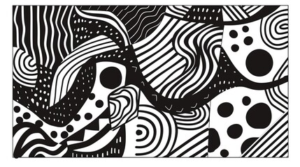 Poster - Black and white abstract art, featuring intricate patterns, swirls, and dots creating a dynamic visual composition.