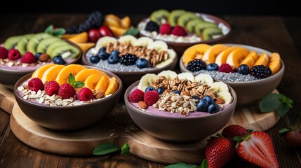Healthy smoothie bowls topped with fresh fruit and granola  