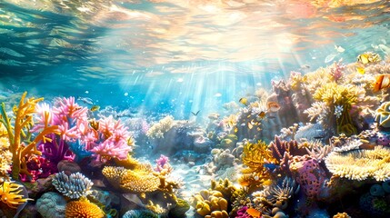Wall Mural - Bright sunlit coral reef in a vibrant sea. Stunning underwater scenery with colorful corals. Nature inspired digital art. AI