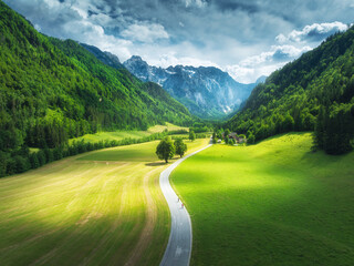 Wall Mural - aerial view of road in alpine mountains, green meadows, trees at sunset in summer. top view of count