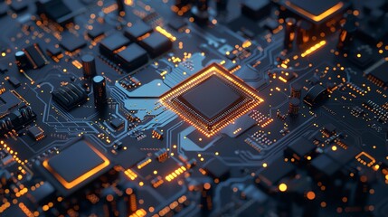 Poster - Close-up of a glowing computer motherboard with electronic circuits, offering a futuristic glimpse into microchip and technology design.